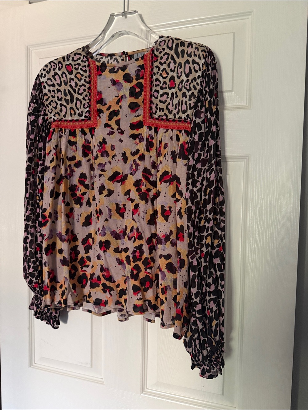 Anthropologie Multicolor Leopard-Print Peasant Blouse with Red Trim